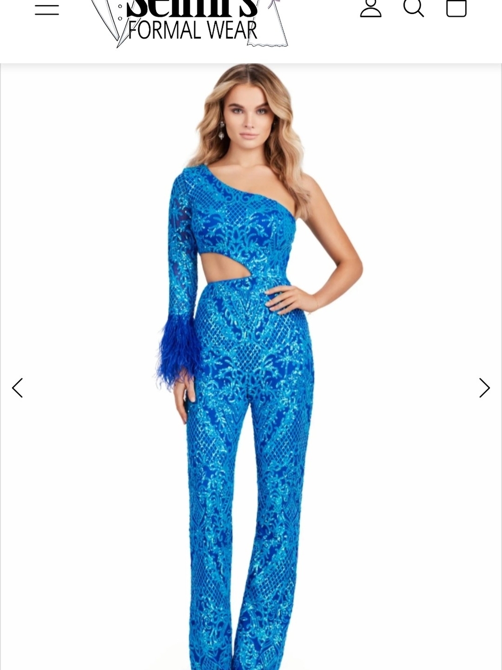 One-Shoulder Royal Blue Sequin Jumpsuit with Feather Cuff